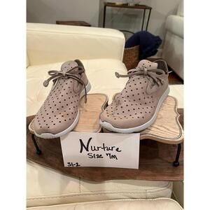 Nurture 7M Women Taupe Leather Comfort Sneakers Lace Up Perforated